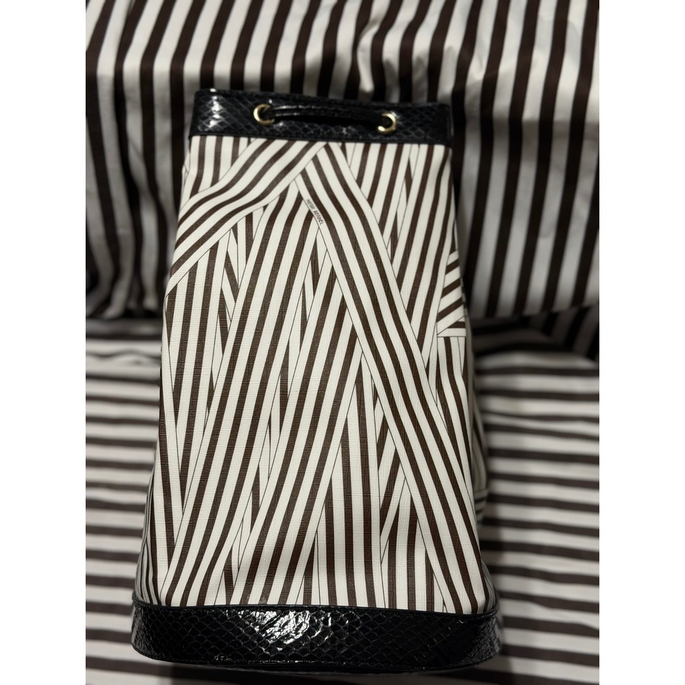 Henri Bendel West 57th Striped Drawstring Backpack Brown White Snakeskin Trim